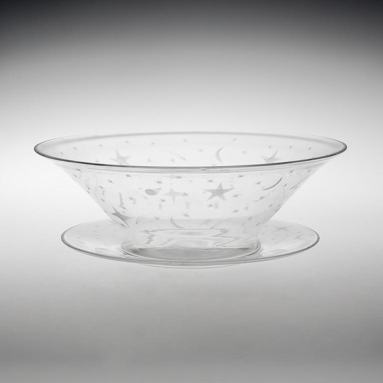 SKÅL med FAT, glas, Edward Hald, Orrefors 1929. "Stjärnhimmelsmönstret".