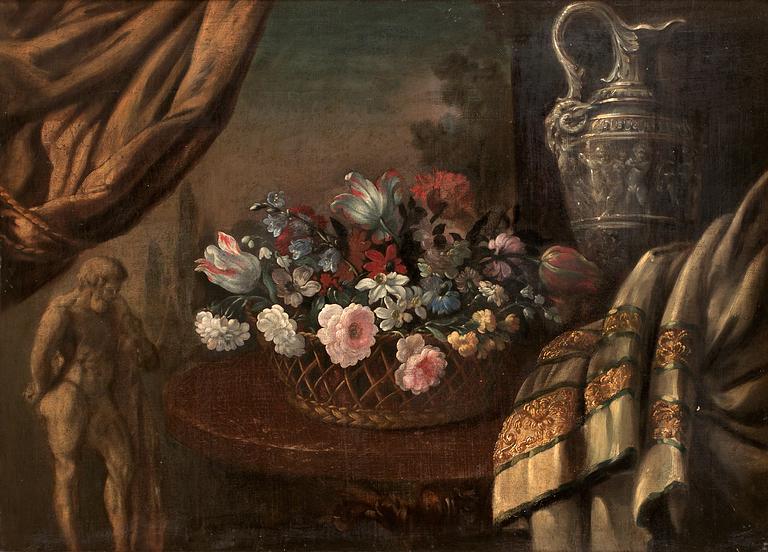 Pierre Nicolas Huillot Hans krets, Stilleben med blommor, kanna och Herkulesskulptur.