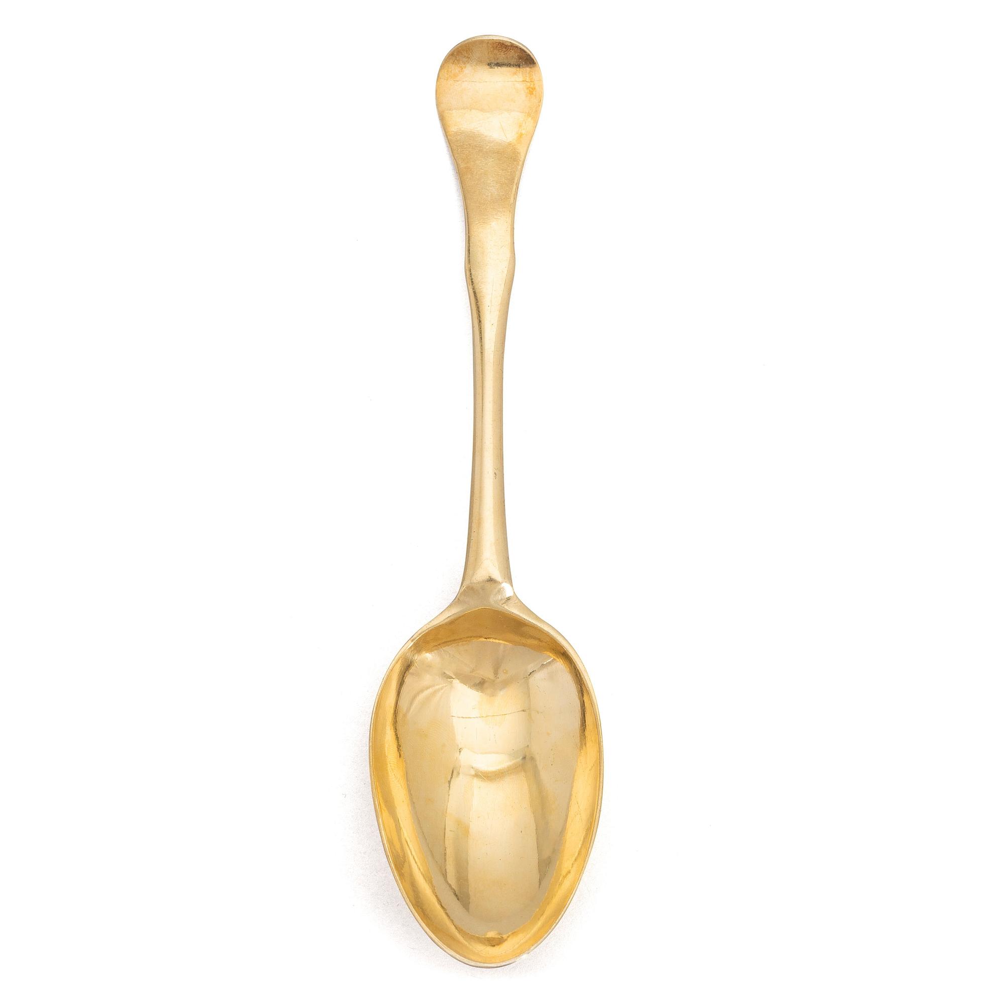 A Swedish 18th Century parcel-gilt large silver spoon, mark of Joachim Dyring, Hedemora 1751-1773 (1796)).