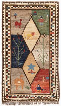 An antique/semi-antique pictorial Gabbeh - Khersak rug,  c 187 x 107 cm.