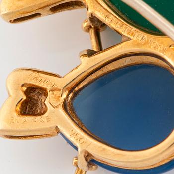 Cartier brosch 18K guld med grön och blå kalcedon samt runda briljantslipade diamanter.