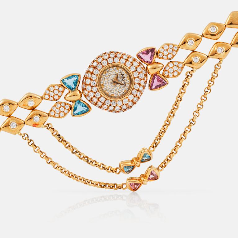 A DeLaneau ladies wristwatch set with brilliant-cut diamonds, pink topaz and aquamarine.