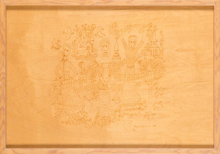Birger Kaipiainen, teckning, tusch på plywood, signerad Birger Kaipiainen 1946.