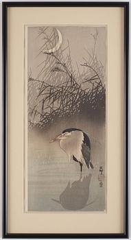 Ohara Koson, A colour wood block print by Ohara Koson, (1877-1945), 'Heron under moon' Japan.