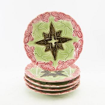 cake stands 2 pcs and plates 5 pcs Art Nouveau early 20th century majolica.