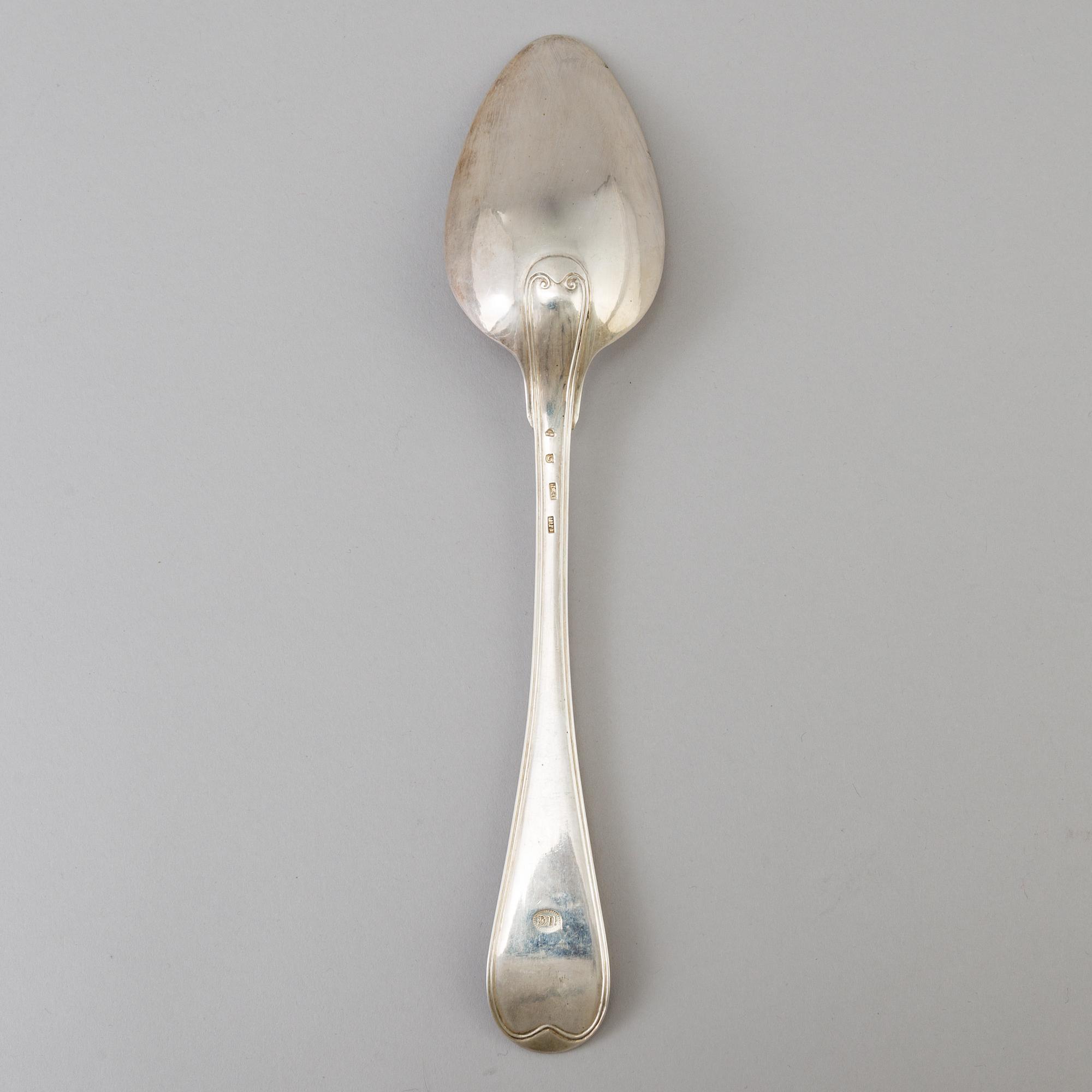 A Swedish empire silver serving spoon by Jacob Richard Borg in Gävle 1841. Weight ca 103 grams.