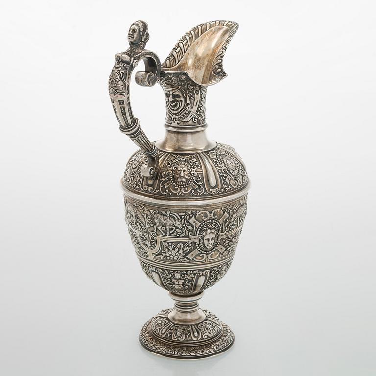 A sterling silver wine ewer, maker's mark of George Fox, London 1872.