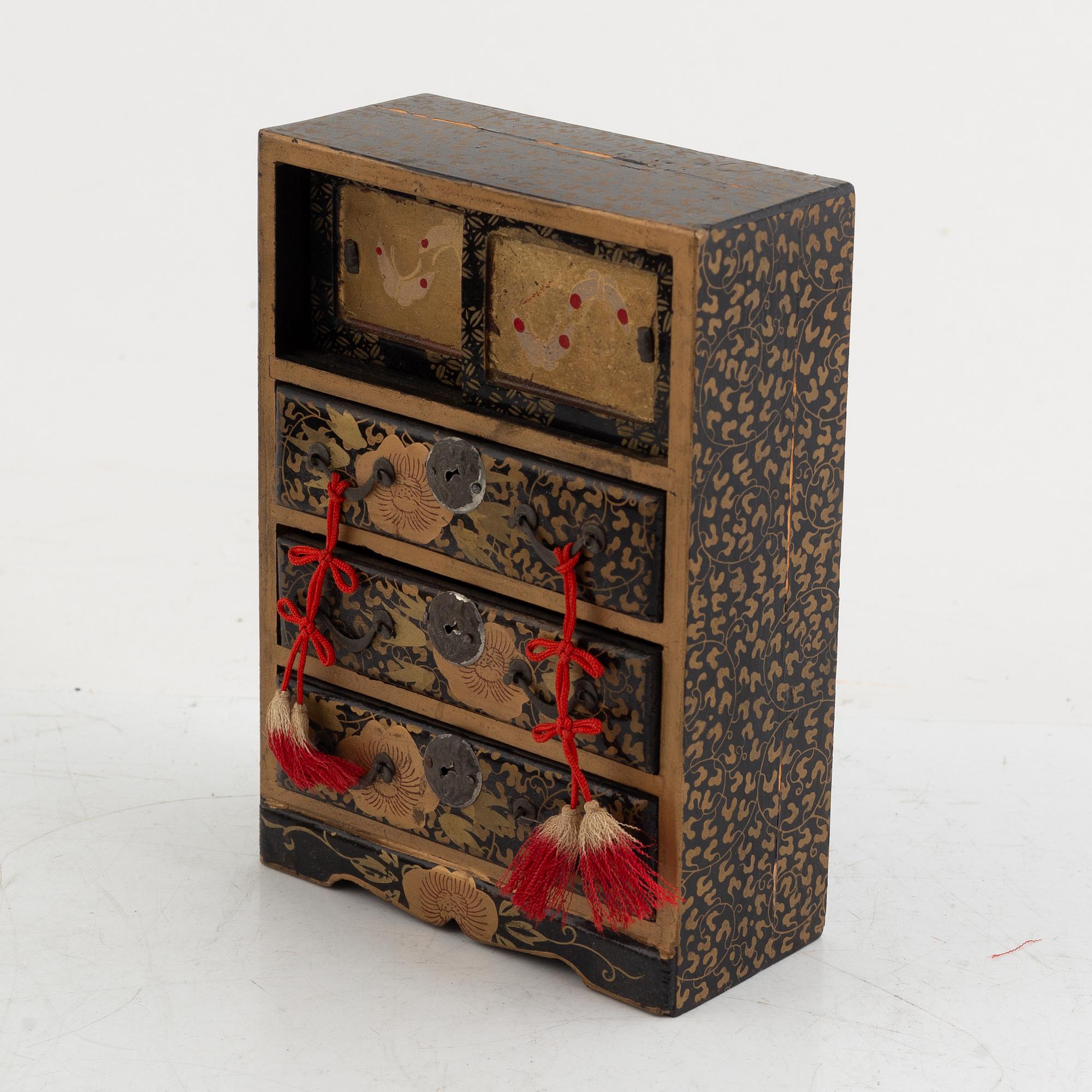 Doll, doll furniture, and table screen, Japan, wood, lacquer and paper, partly Showa, 20th century.