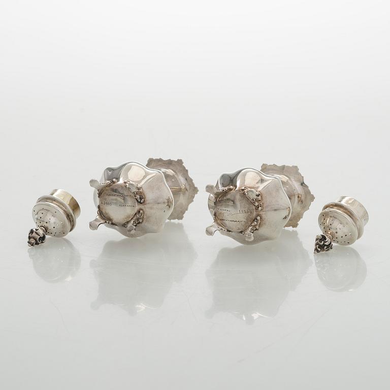 Black Starr & Frost, a pair of sterling silver shakers and sugar bowls, USA around 1900, Gorham pair of sterling spoons.