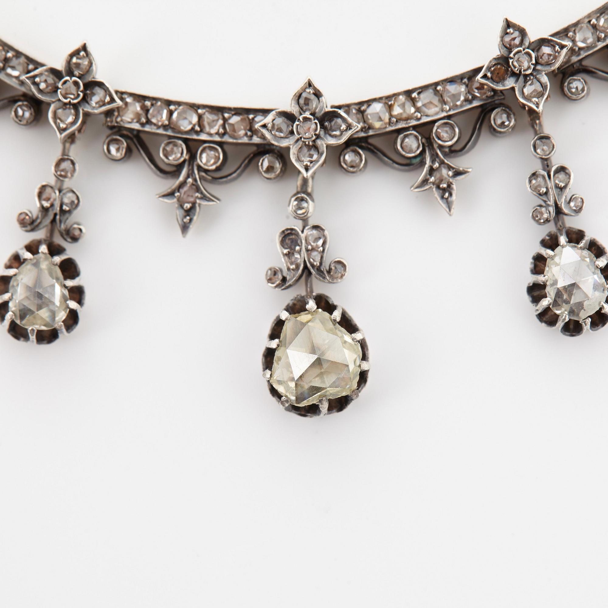 Collier 14K guld och silver med rosenslipade diamanter, 1800-tal.