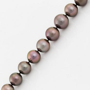 A Tahitian cultured pearl necklace with an 18K white gold clasp set with round brilliant-cut diamonds.