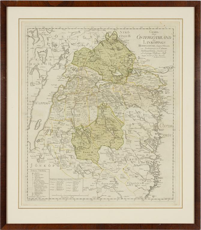 A map, hand-coloured copper engraving, Nils Marelius, 1779.