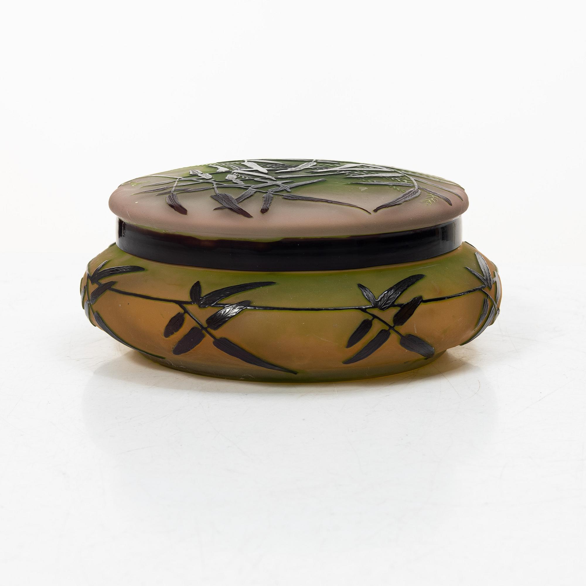 Emile Gallé, ask med lock samt vas, glas, Nancy Frankrike, Art Nouveau.
