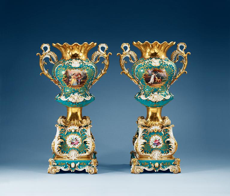 A pair of large french vases on stands, Jacob Petit, mid 19th Century.