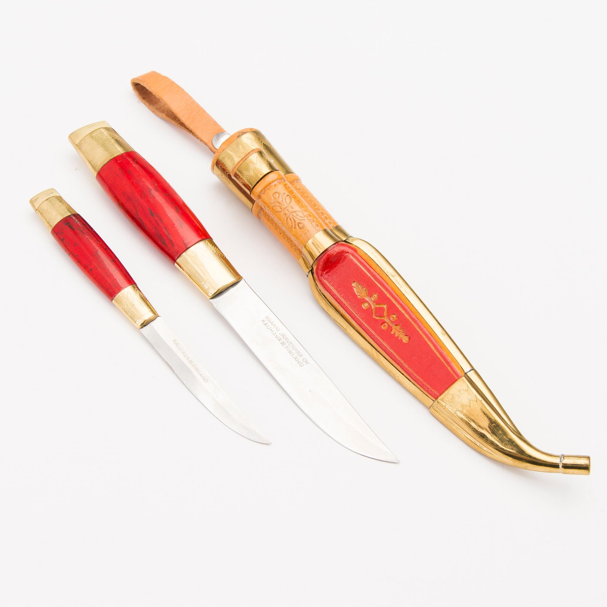 A Finnish Puukko Double Knife with a belt, marked Iisakki Järvenpää Oy, Kauhava Finland, late 20th Century.