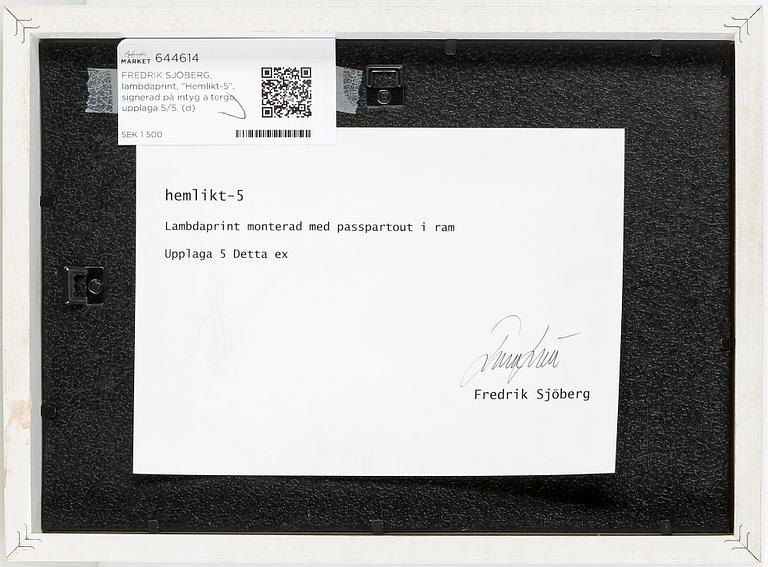 FREDRIK SJÖBERG, lambdaprint, "Hemlikt-5", signerad på intyg a tergo, upplaga 5/5.