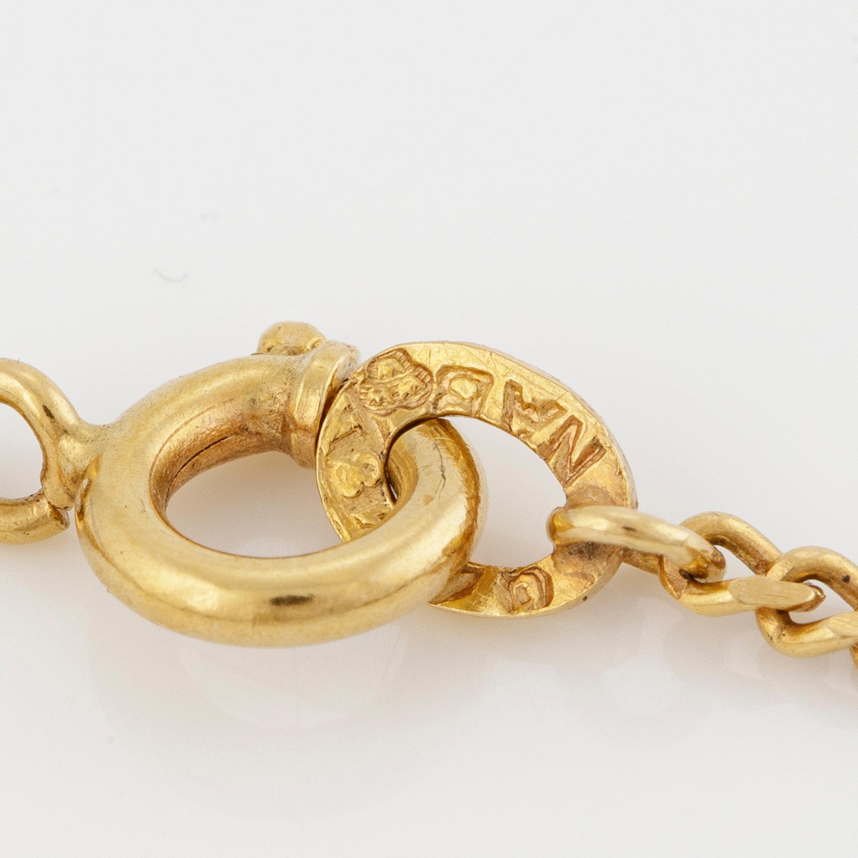 Pendant with chain, 18K gold and synthetic blue spinel, and pearl.