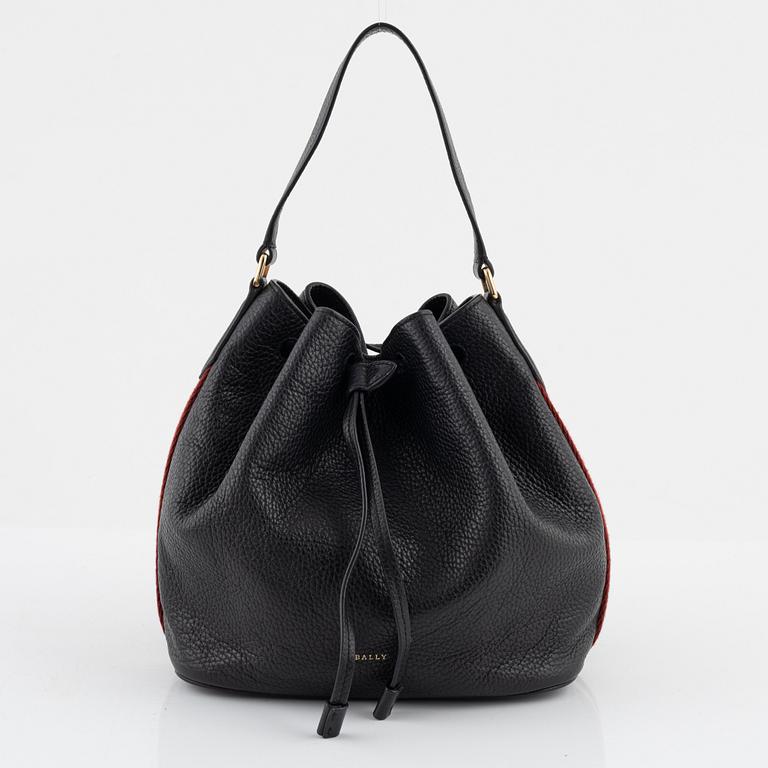 Bally, a black leather bucket bag.