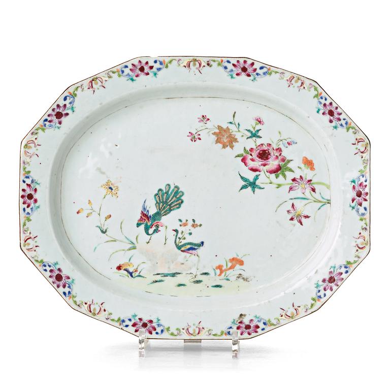 A famille rose 'double peacock' serving dish, Qing dynasty, Qianlong (1736-95).