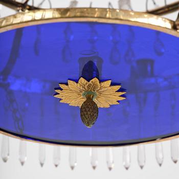 A late-Gustavian five-light gilt brass and cut glass chandelier, Stockholm, late 18th century.