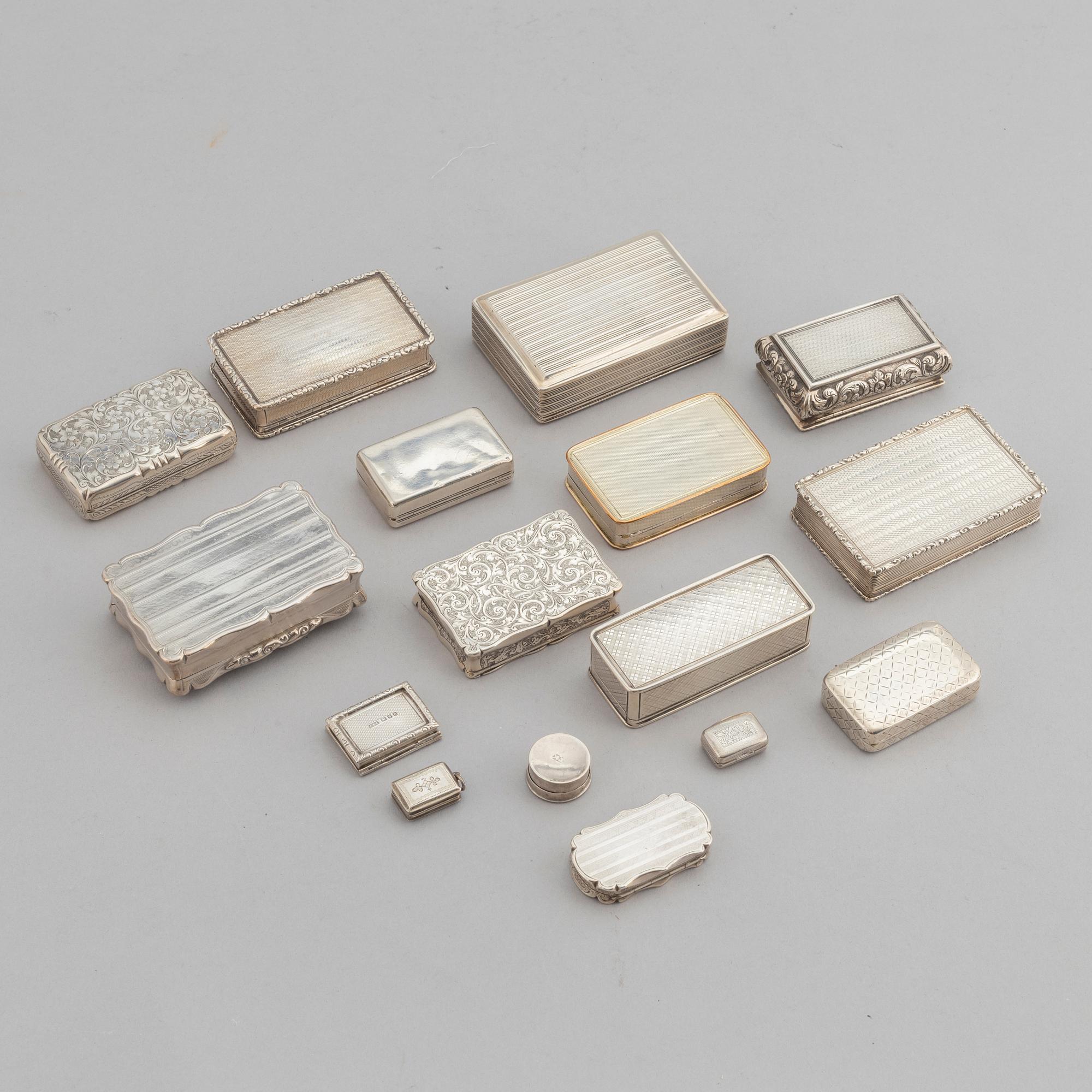 16 silver boxes, including Nathaniel Mills, Birmingham, 1825, John Lint, London, 1816, and Charles Cooke, 1908.