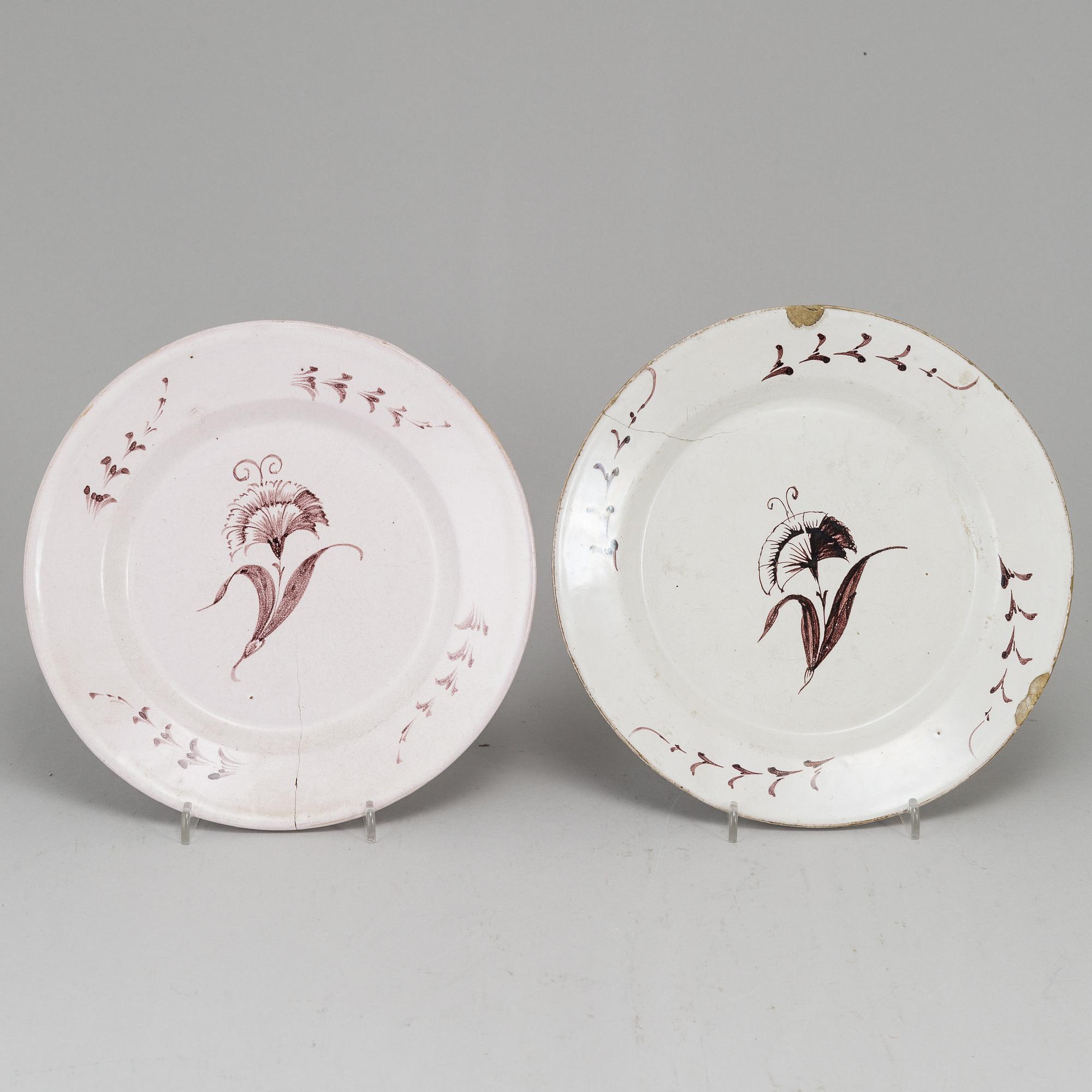 A Swedish faience serving dish and six plates, 18th Century.