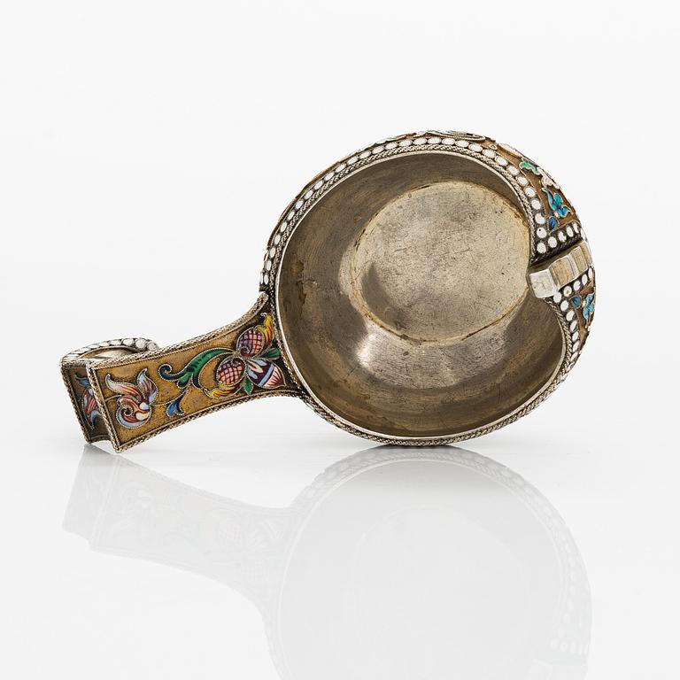 A Russian shaded cloisonné enamelled and gilt silver kovsh, mark of Vasily Andreyev, Moscow 1899-1908.