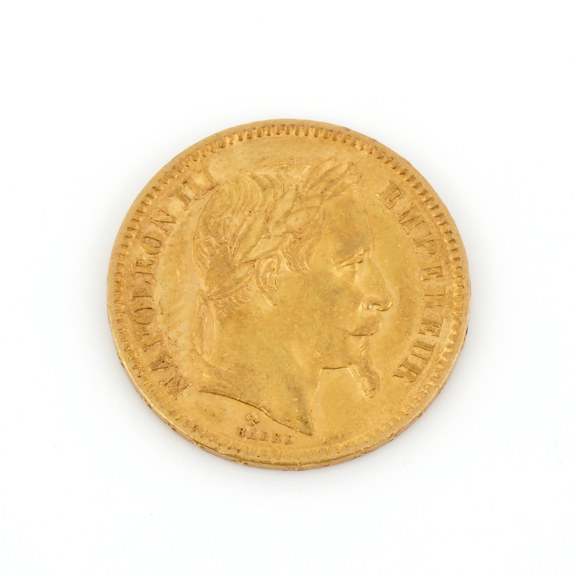 GULDMYNT, 20 franc, Napoleon III, Frankrike, 1864. Vikt ca 6 gram.