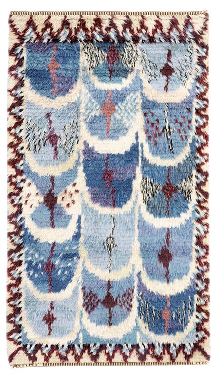 RUG. "Fjädern, blå". Rya (knotted pile). 157,5 x 88,5 cm. Signed AB MMF MR.