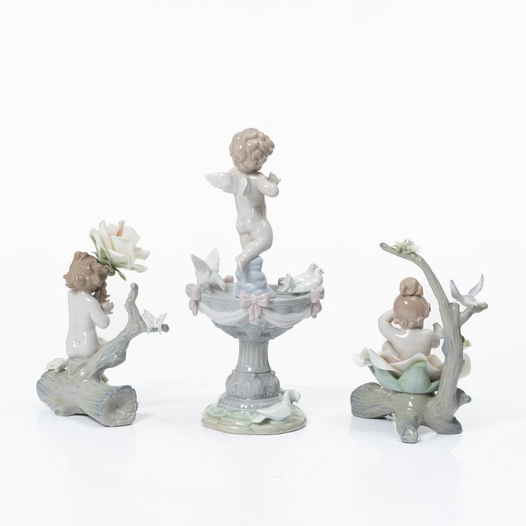Lladró, figuriner, 3 st, "Fountain of love", "Born in springtime" samt "Somewhere in the garden", Spanien.