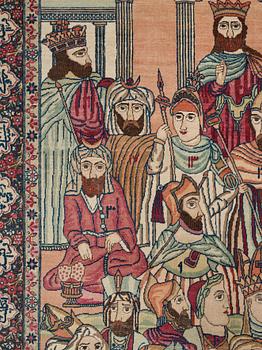 A RUG, an antique Kerman Laver figural, "the Rulers of the World", ca 234-235 x 142 cm.