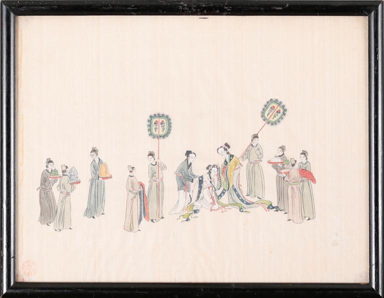 UNKNOWN ARTIST, four silk paintings, 20th century.
