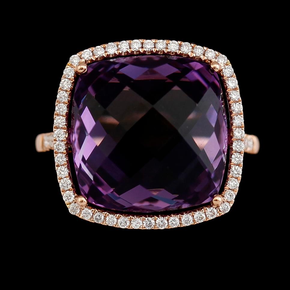 RING, 18 k roséguld, briljantslipade diamanter tot ca 0.34 ct och kuddslipad ametist 13.78 ct.