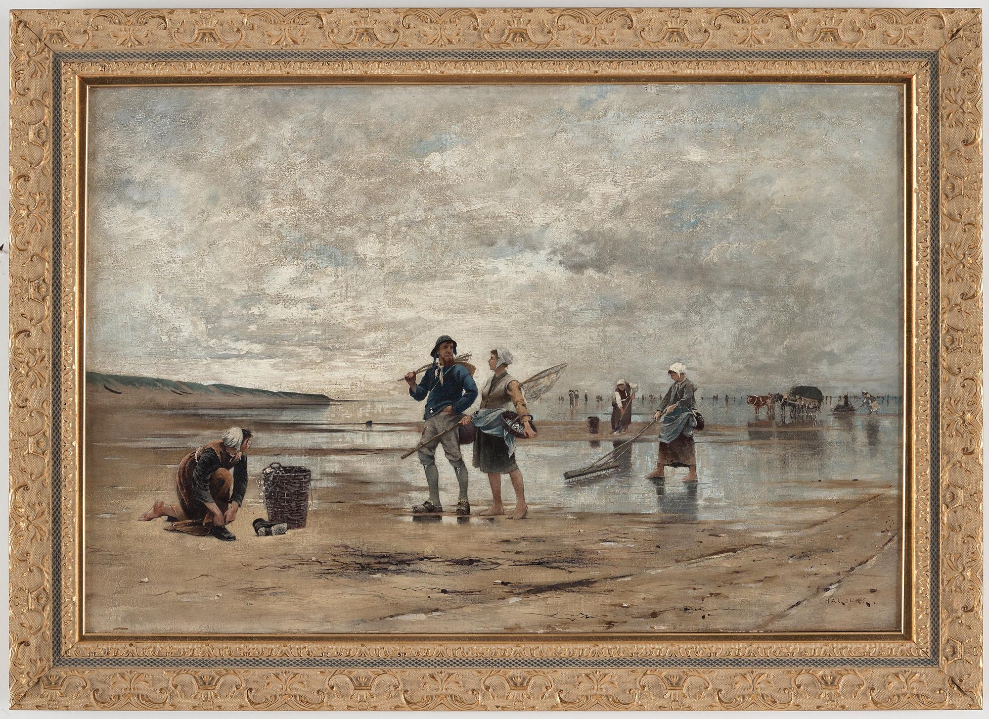 August Hagborg, Skaldjursfiske vid ebb, motiv från Normandie.
