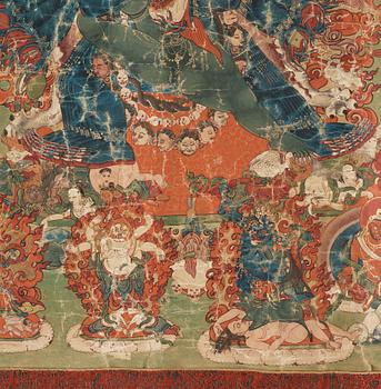 A Tibetan thangka of Vajrabhiarava with Tsongkhapa at the top, 19th Century.