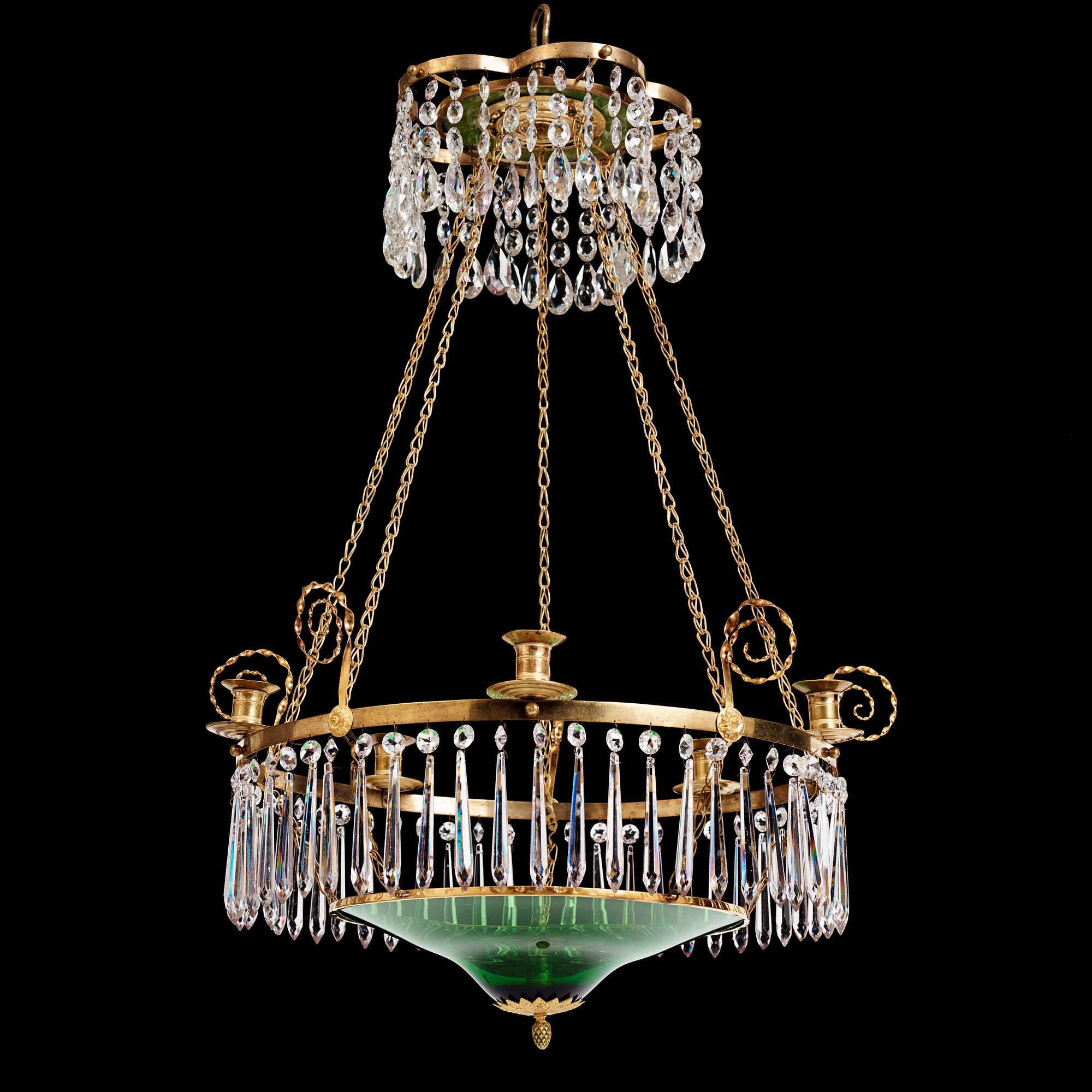 A late Gustavian gilt-brass and green glass six-light chandelier, late 18th century.
