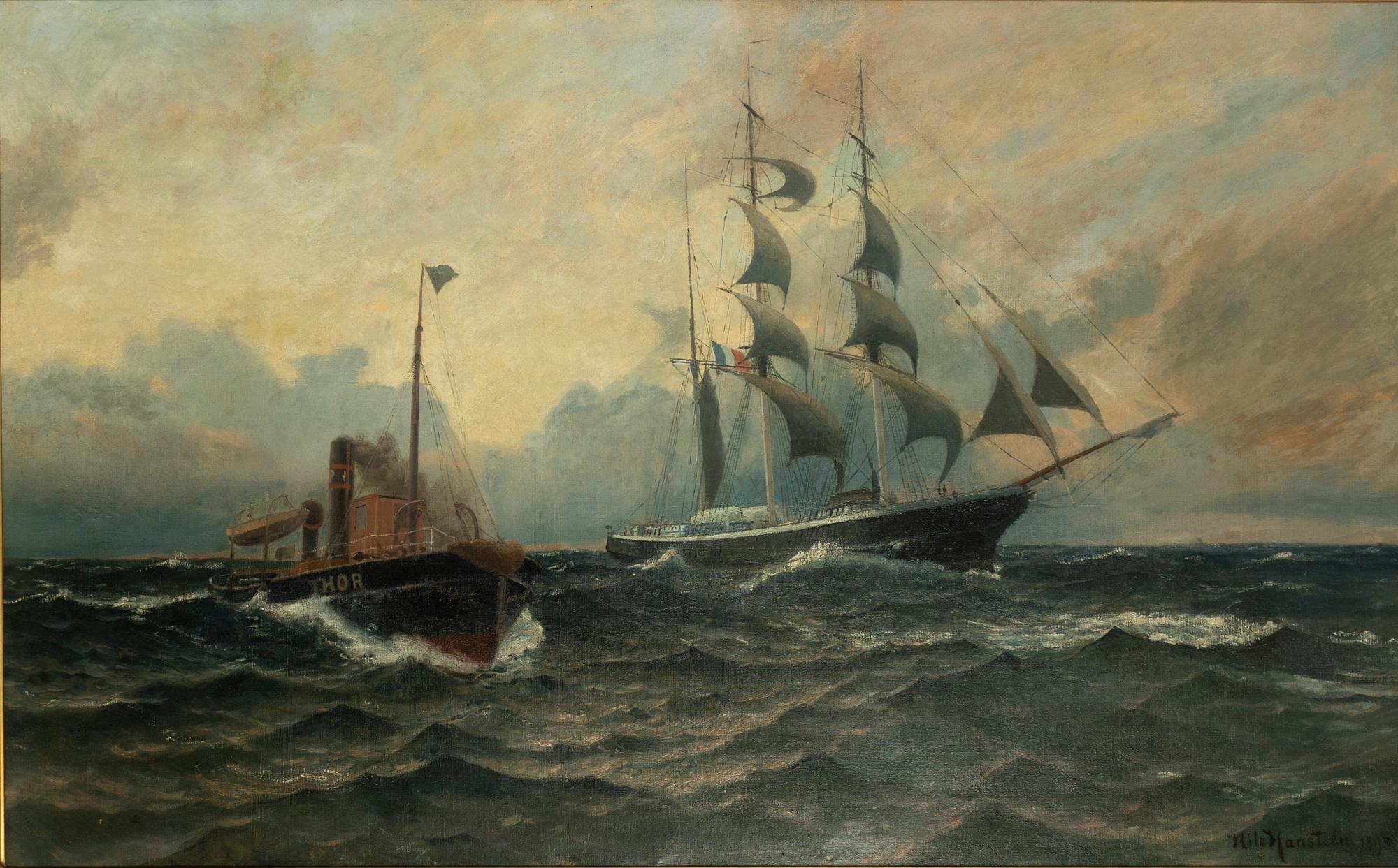 Nils Hansteen, Marine with a three-masted ship and a steam tugboat.