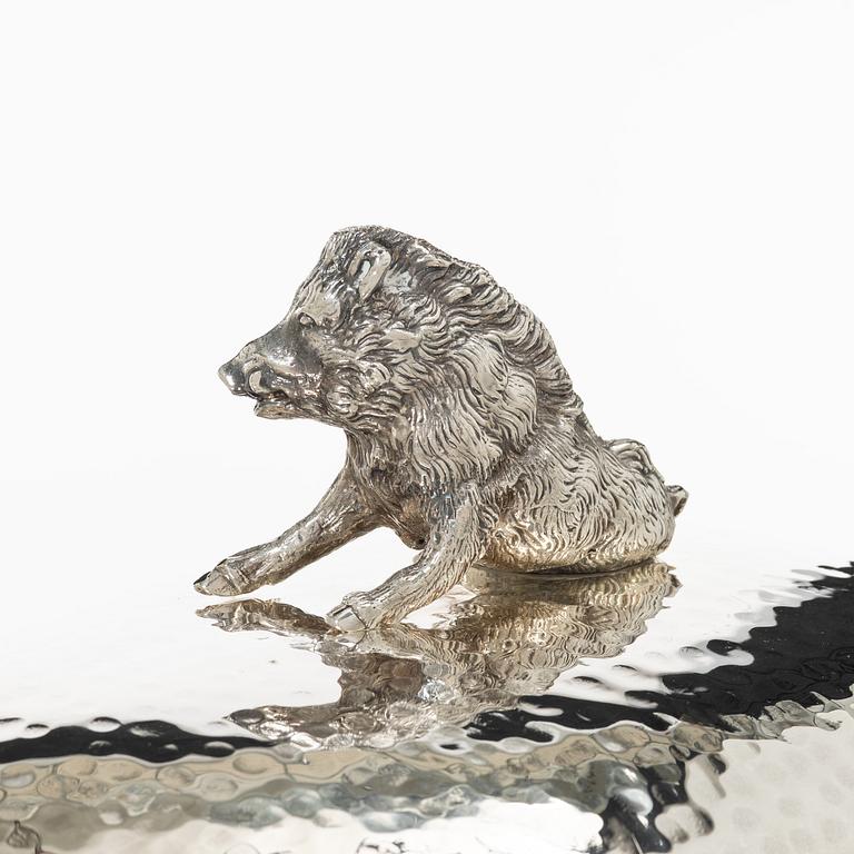 Covered bowl, silver plate, with glass insert, 20th century.