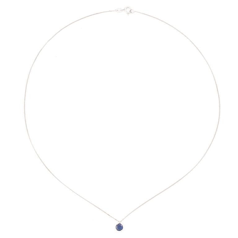 14K white gold necklace with a faceted sapphire.