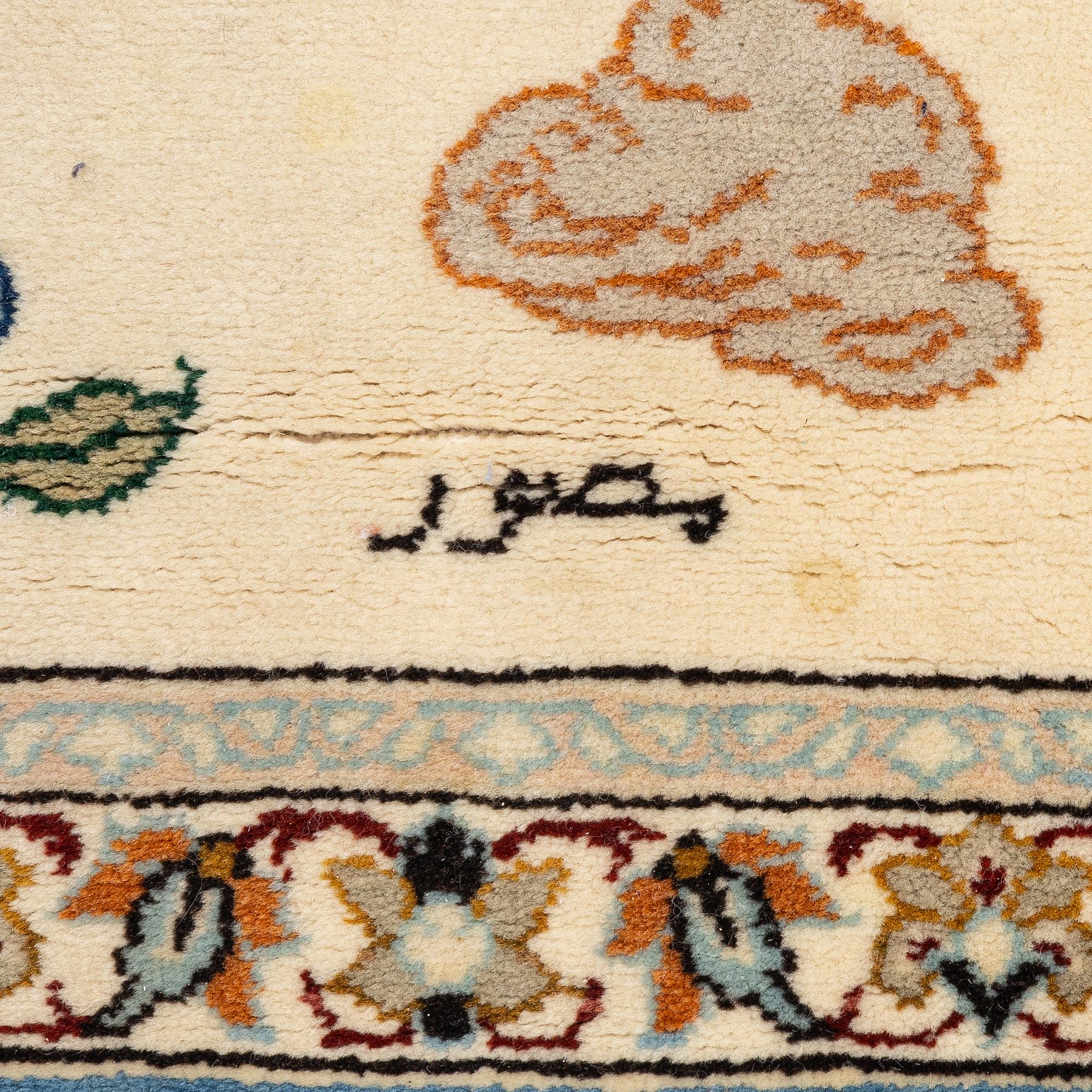 An Isfahan, figural rug, signed, c. 172 x 109 cm.