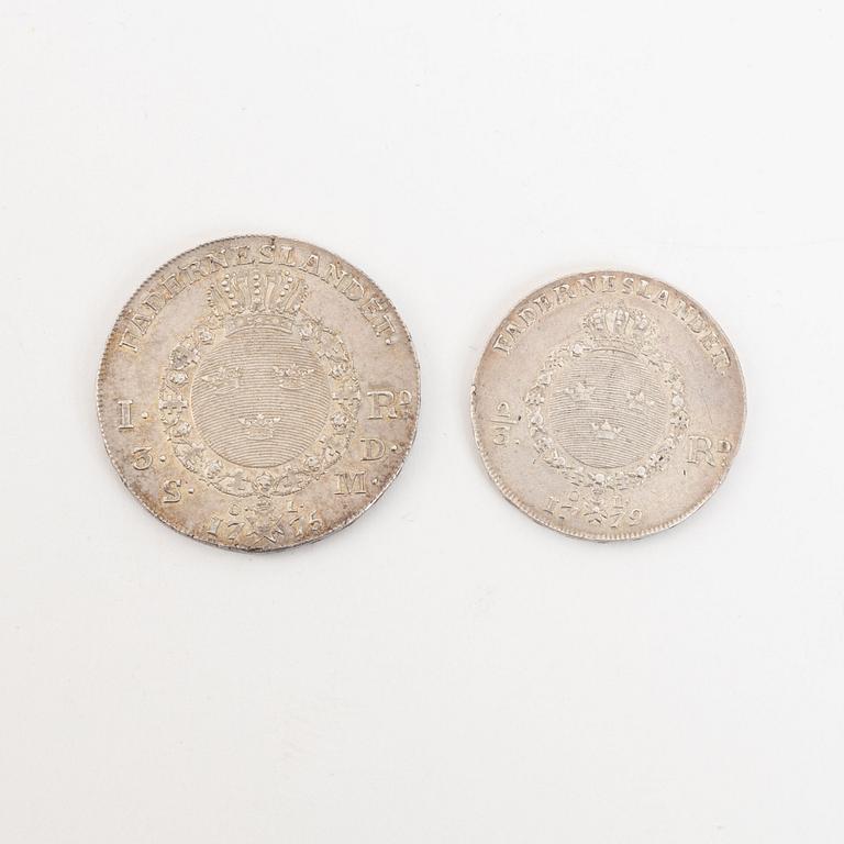 Two Swedish silver coins, 1775 and 1779.