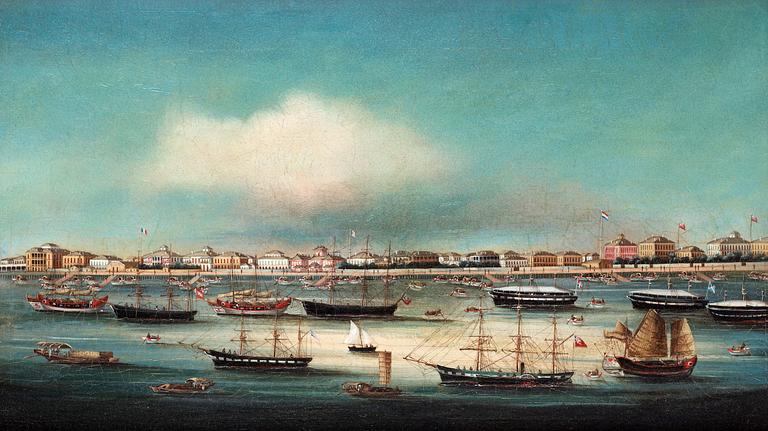 An oil painting by an anonymous artist with a view of the factories at Canton, Qing dynasty, 18/19th Century.