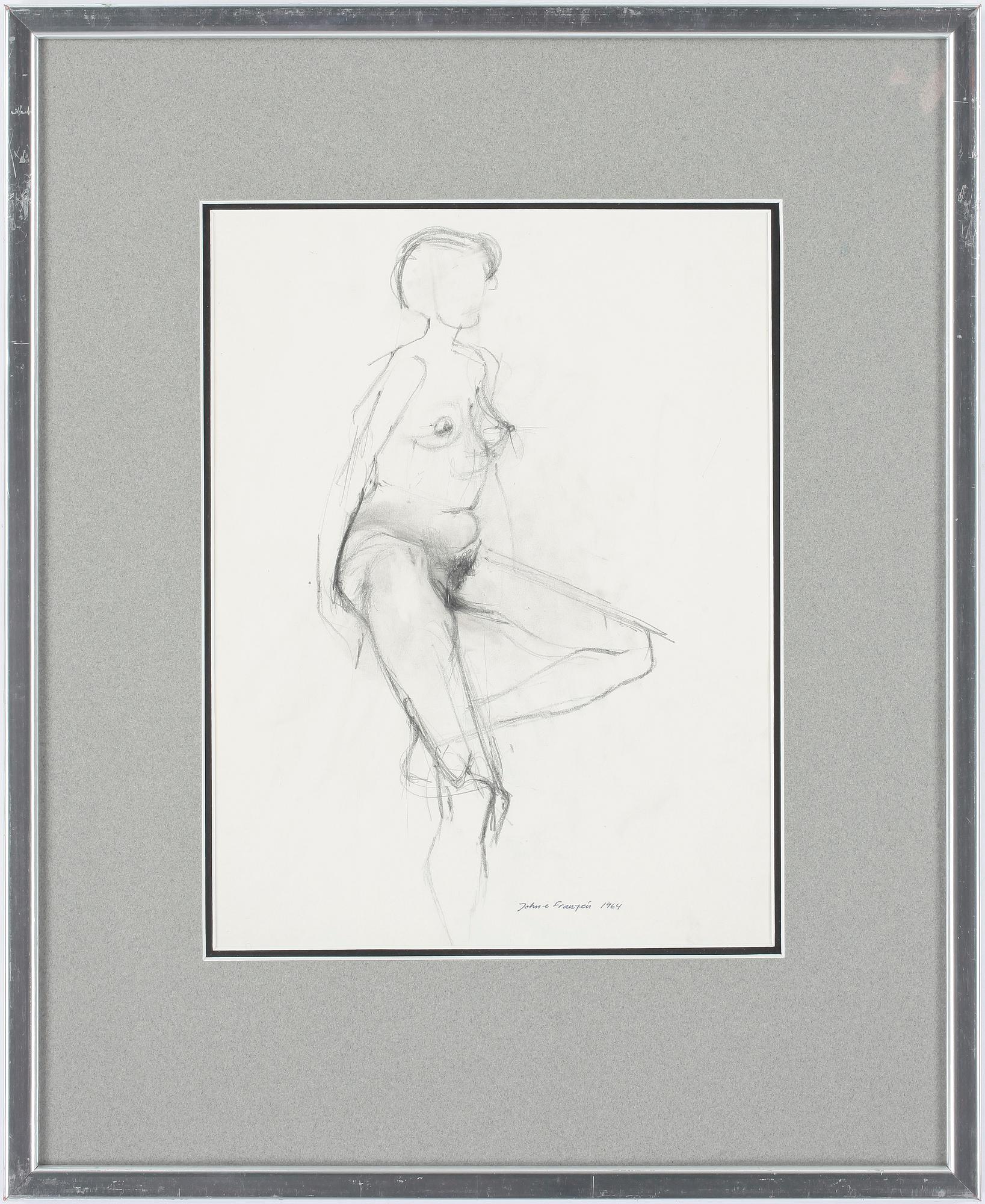 JOHN-E FRANZÉN. Blyertsteckning. Sign John-e Franzén o daterad 1964.