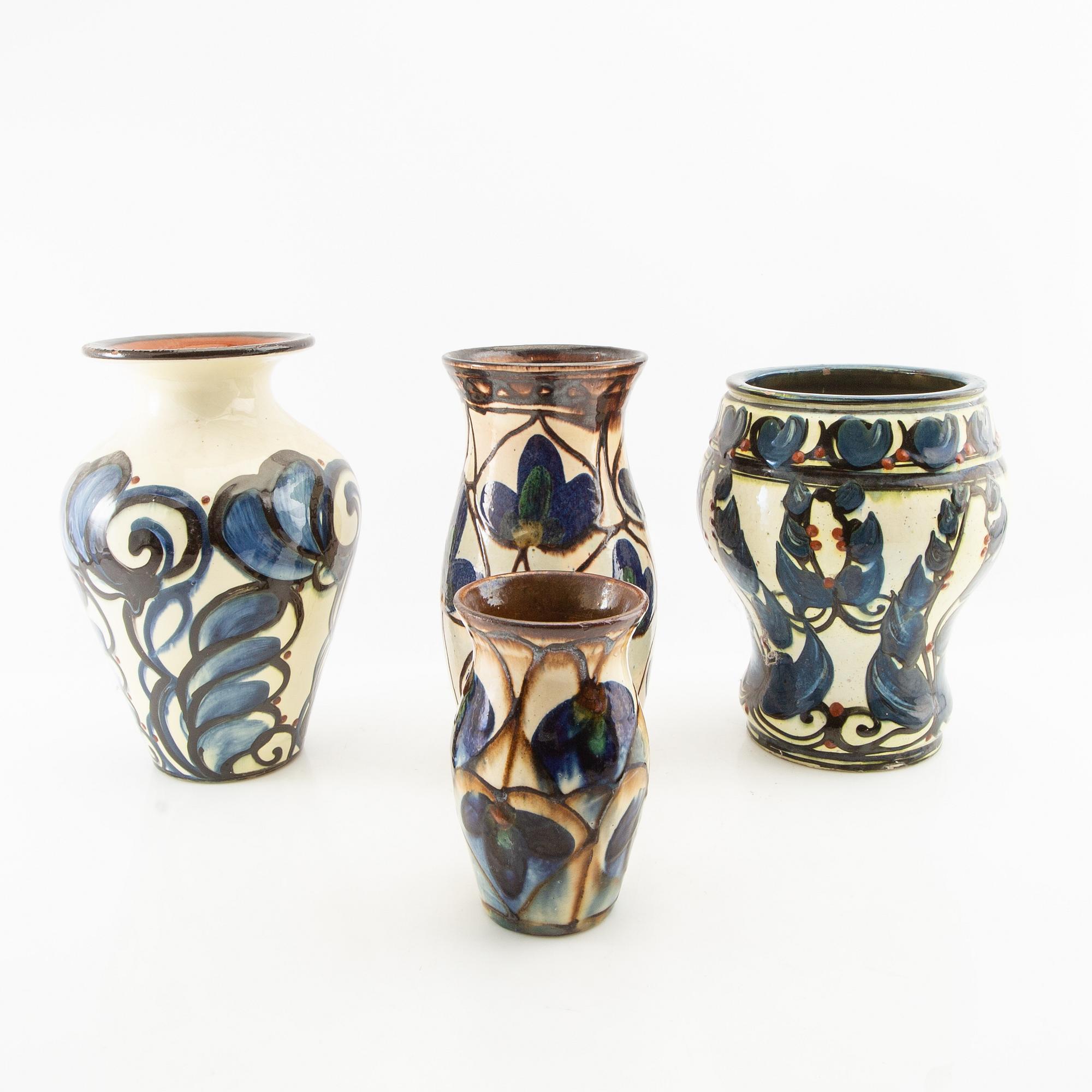 Vases 4 pcs Annashaab ceramic factory Denmark 1910s/1920s glazed pottery.