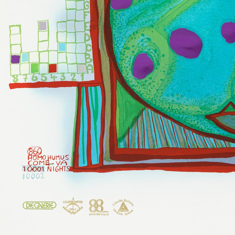 Friedensreich Hundertwasser, photo lithograph and silk screen with metal embossing, 1984. Signed and numbered 4378/10002.