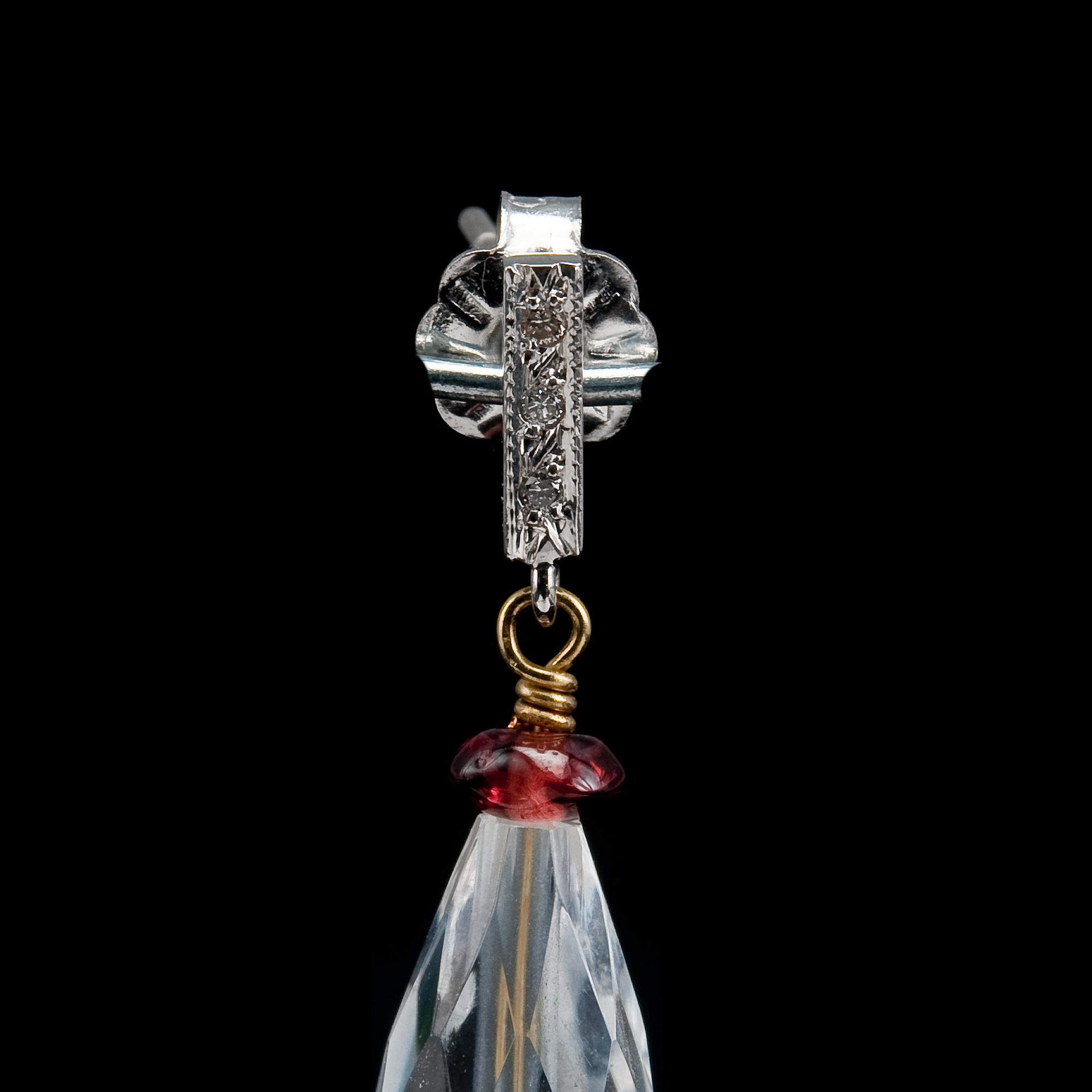 A PAIR OF EARRINGS, 8/8 cut diamonds, briolette cut rock crystal and topazes, garnets.
