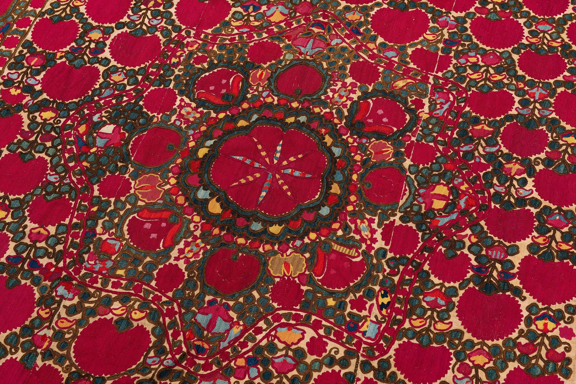 An antique Suzani embroidery, probably Tashkent region, Uzbekistan, 19th century, c. 221 x 184 cm.