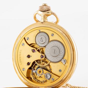 Longines, pocket watch, hunter, 18K gold with chain, 52 mm.