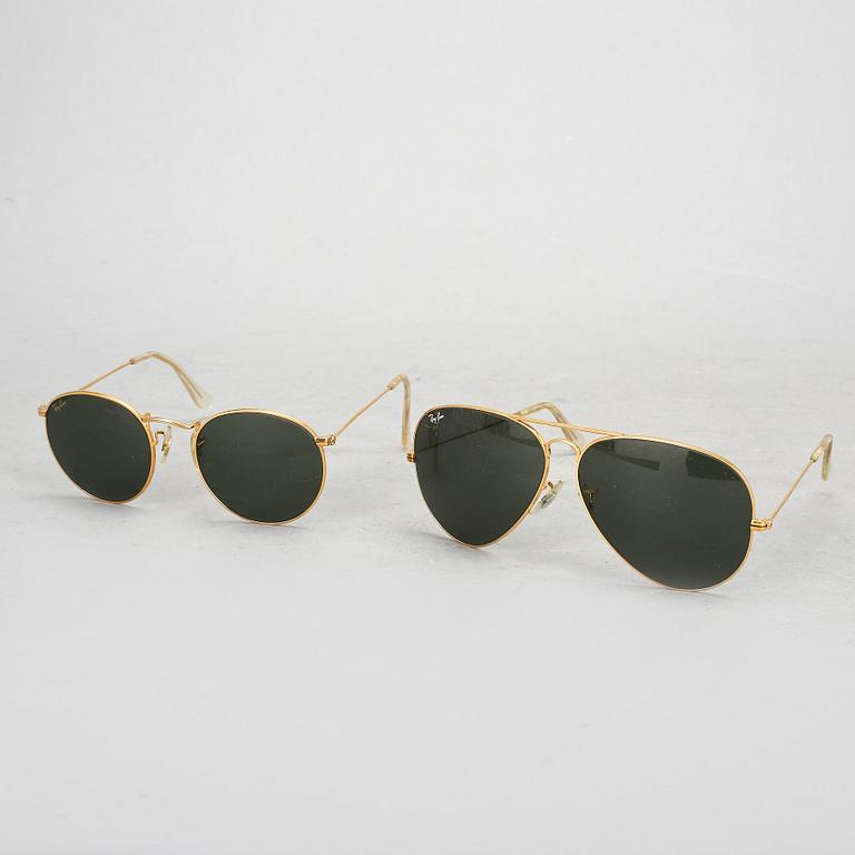SOLGLASÖGON, 2 st, "Aviator" och "Round metal", Ray-Ban, 1900-talets slut.