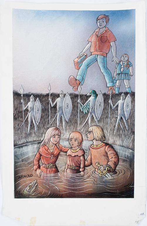 HANS ARNOLD, blandteknik, krita/aribrush, signerad. Original till bokomslaget för boken Guldkragen.